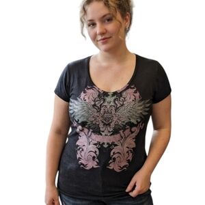 Angels & Diamonds T Shirt Vintage Y2K Bling Women XL Mobwife Stretchy Black Pink